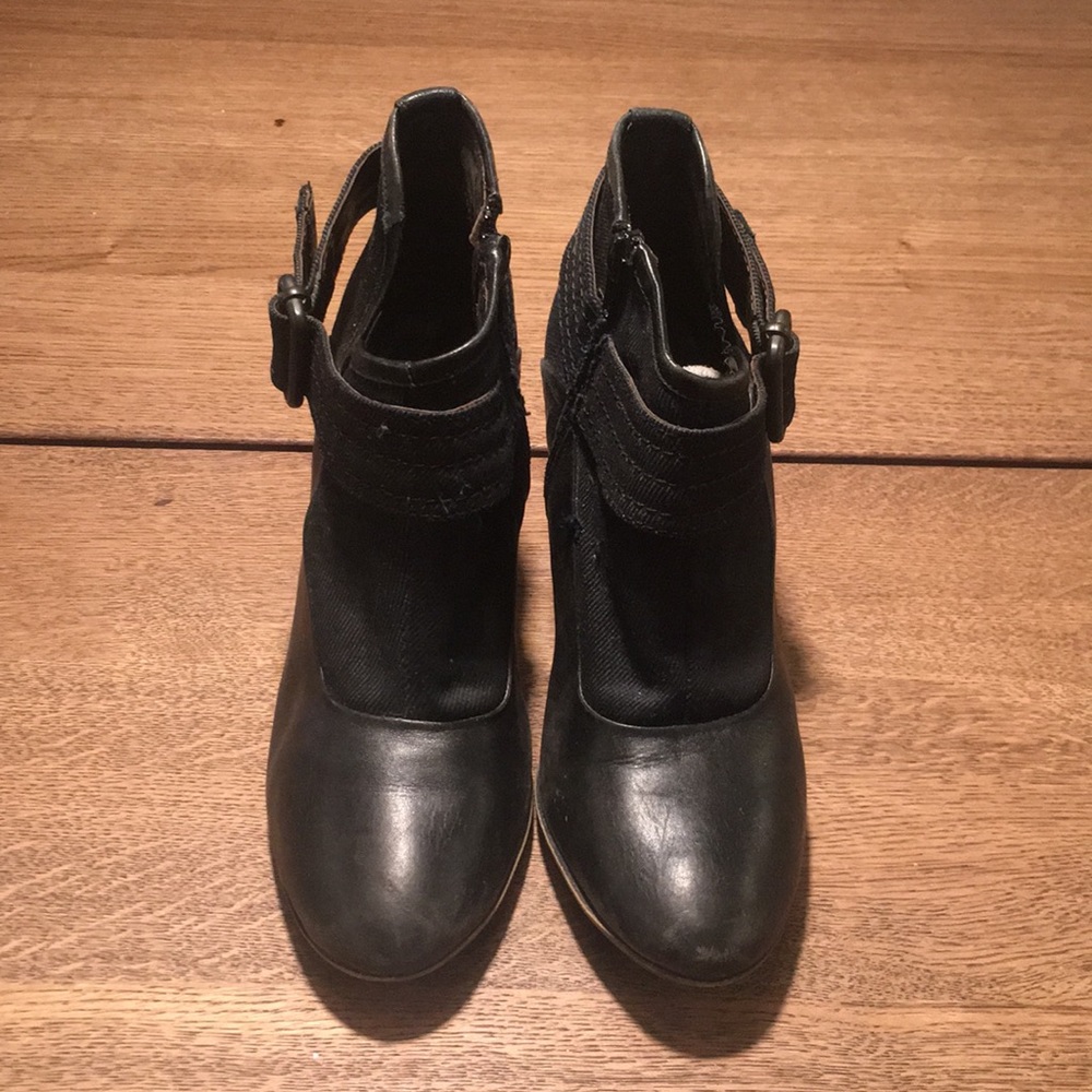 Leather and black denim fabric booties